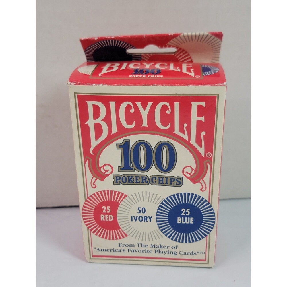 Bicycle 100 Poker Chips Set 25 Red 25 Blue 50 Ivory Original Box &Tray Maybe New